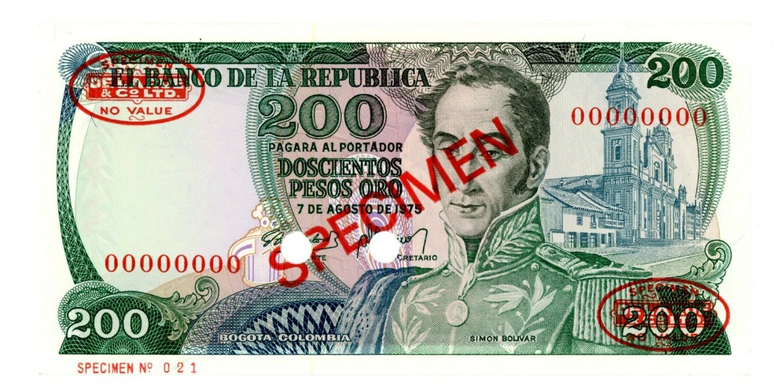  Diagonal red SPECIMEN and DLR oval ovpts; horizontal red SPECIMEN NO # ovpt lower left; all-zero s/n 