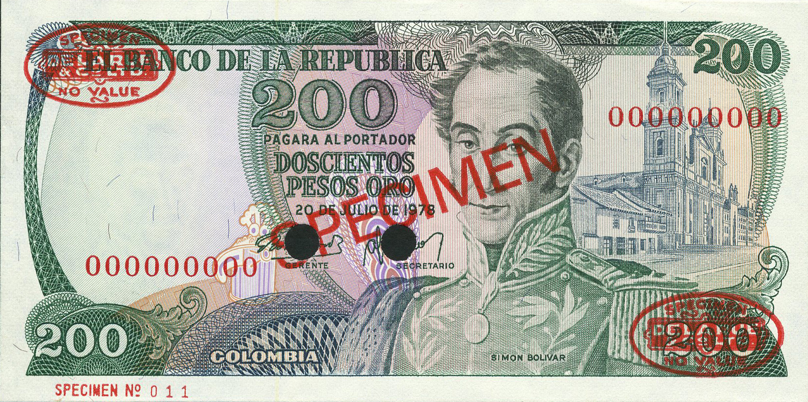  Diagonal red SPECIMEN and DLR oval ovpts; horizontal red SPECIMEN NO # ovpt lower left; all-zero s/n 