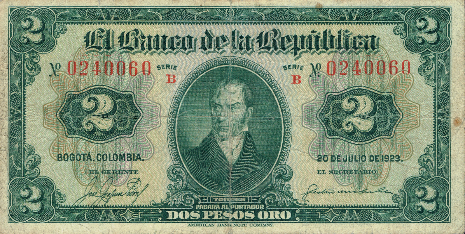  20 DE JULIO DE 1923 Sig 1: Joaquín/Michelsen/Posada Series B 7-digit s/n 