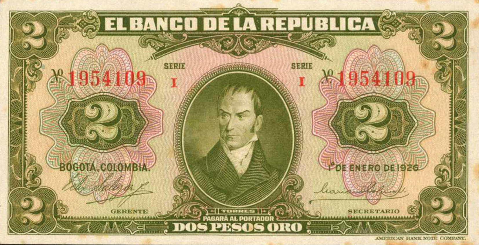  1o DE ENERO DE 1926 Sig 2: Salazar/Ospina/Posada Series I 7-digit s/n 