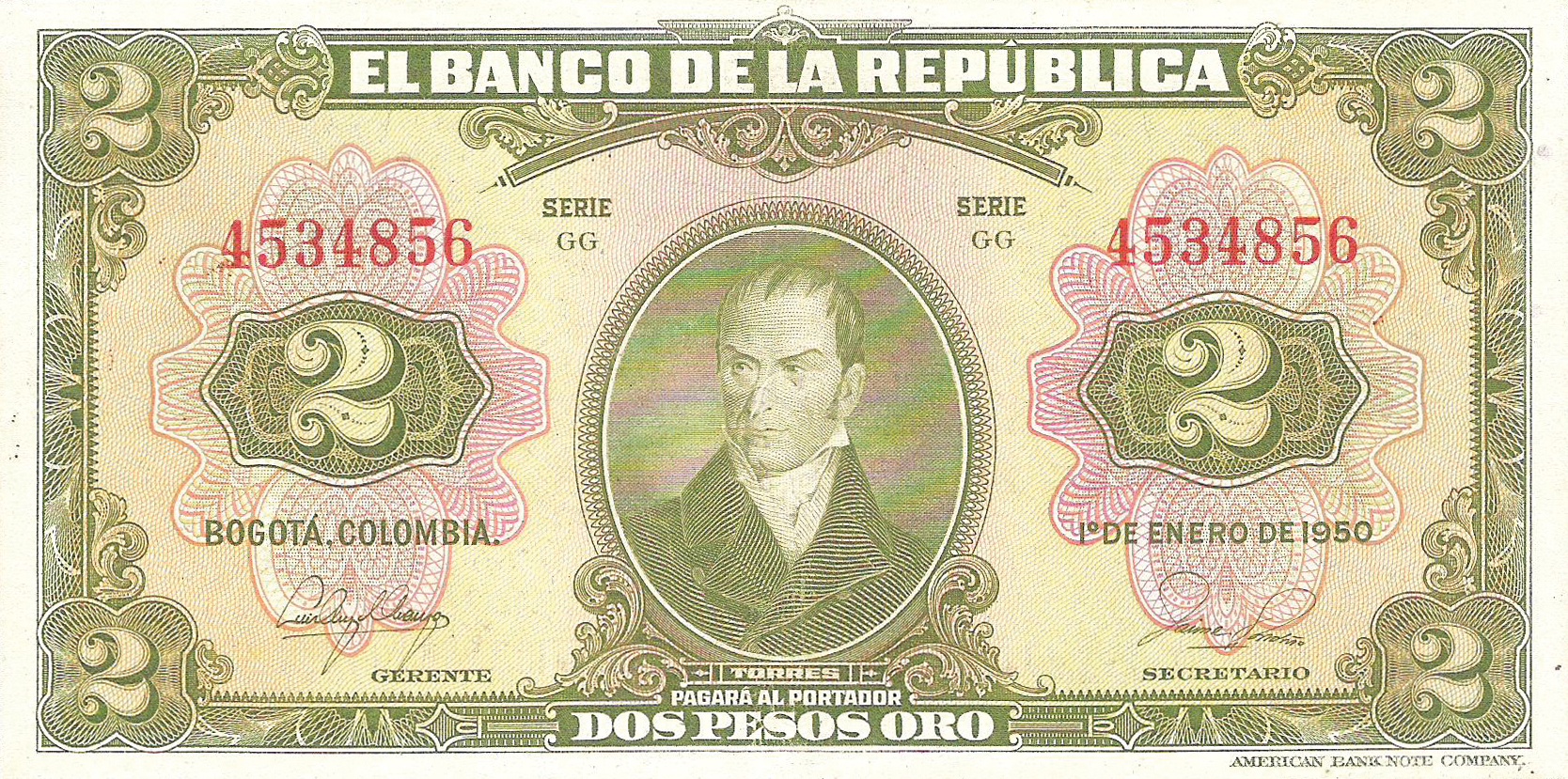  1o DE ENERO DE 1950 Sig 6: Arango/Londoño Series GG in green 7- or 8-digit s/n 