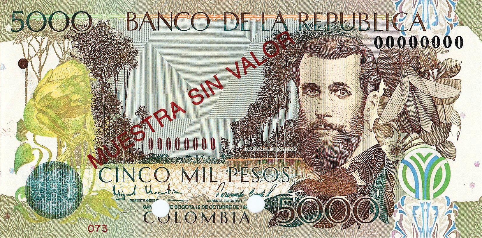  Diagonal red MUESTRA SIN VALOR ovpt front/back; horizontal red # ovpt lower left front; all-zero s/n 