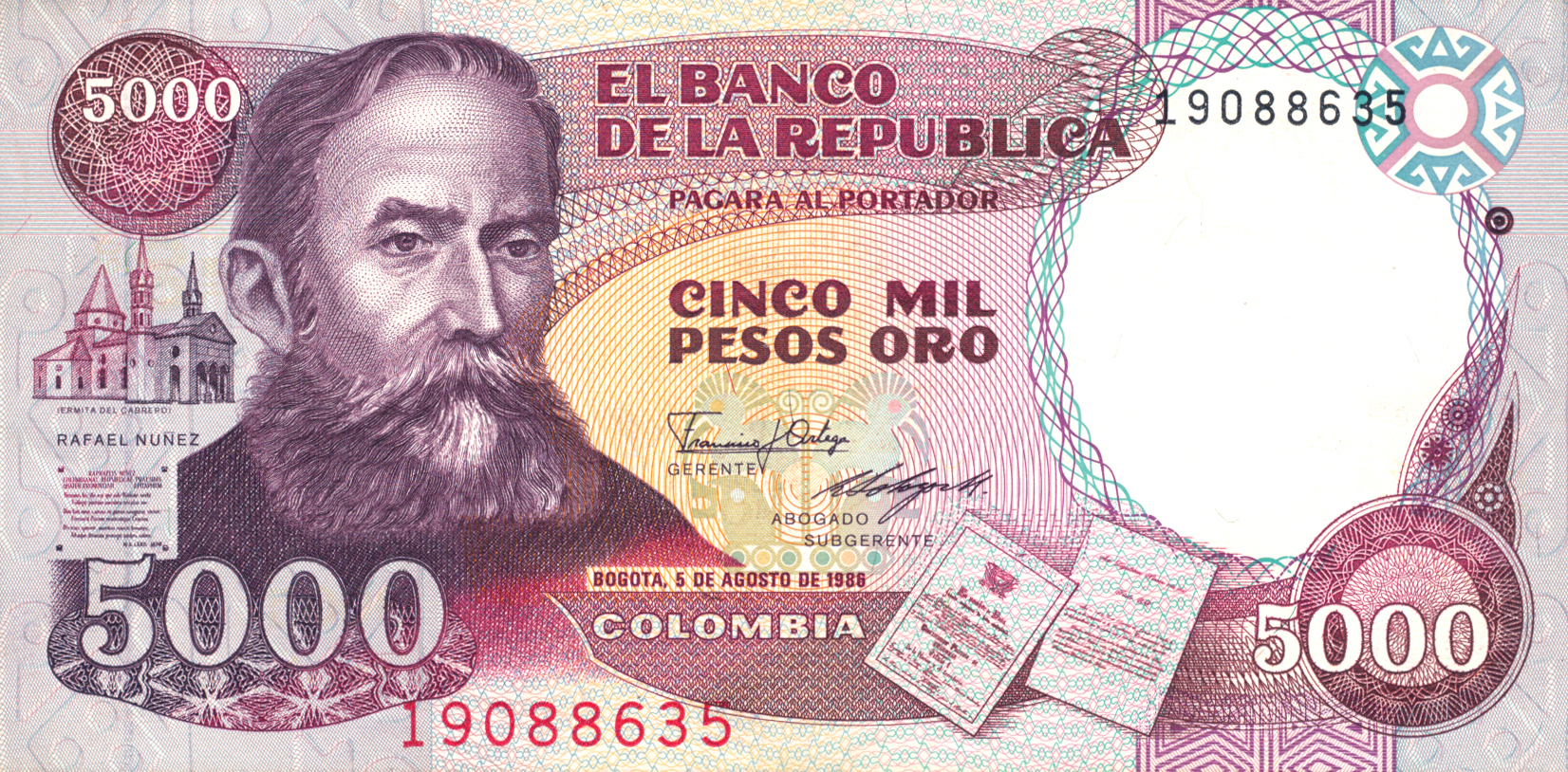  5 DE AGOSTO DE 1986 Sig 16: Ortega/Manrique Two solid security threads Printer: BUNDESDRUCKEREI ALEMANIA FEDERAL 8-digit s/n Intro: 31 07 1986 