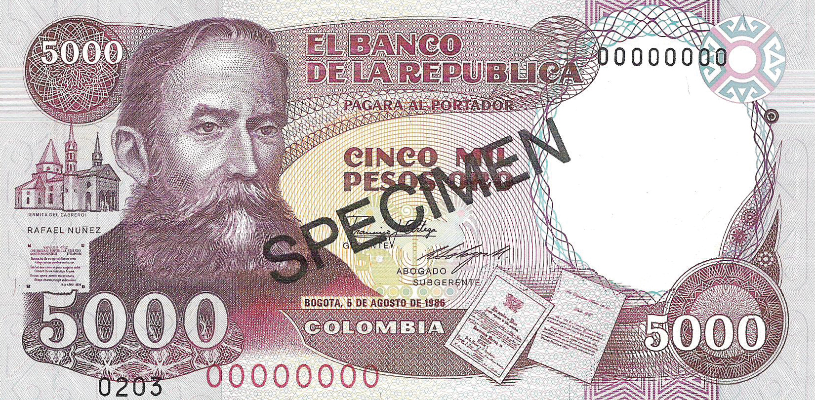  Diagonal black SPECIMEN ovpt front/back; horizontal black # ovpt lower left front; all-zero s/n 