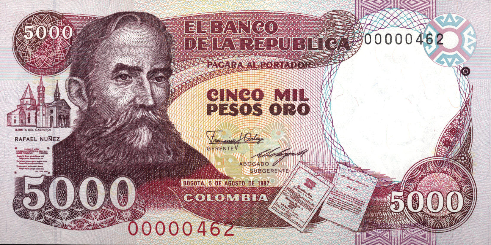  5 DE AGOSTO DE 1987 Sig 16: Ortega/Manrique Two solid security threads; one plain, one with printed BRC 5000 Printer: ISTITUTO POLIGRAFICO E ZECCA DELLO STATO - ROMA Intro: 12 06 1989 