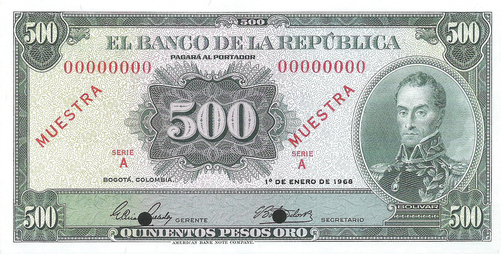  Two diagonal red MUESTRA ovpts front/back; all-zero s/n 