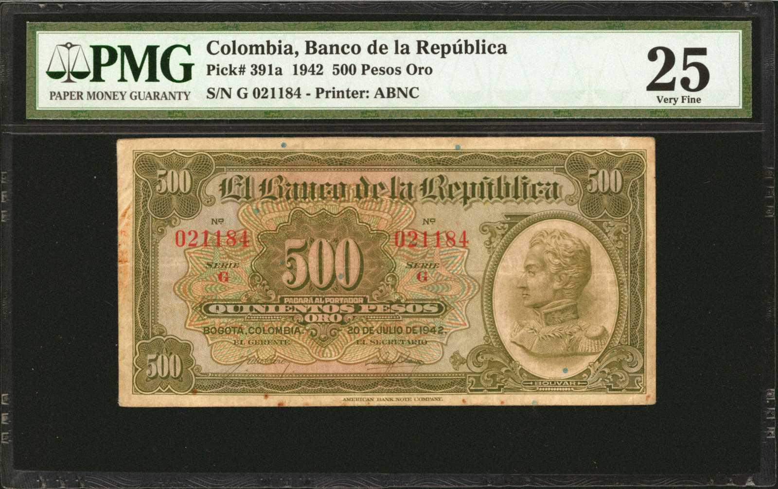  20 DE JULIO DE 1942 Sig 4: Caro/Arango Series G in red 6-digit s/n 