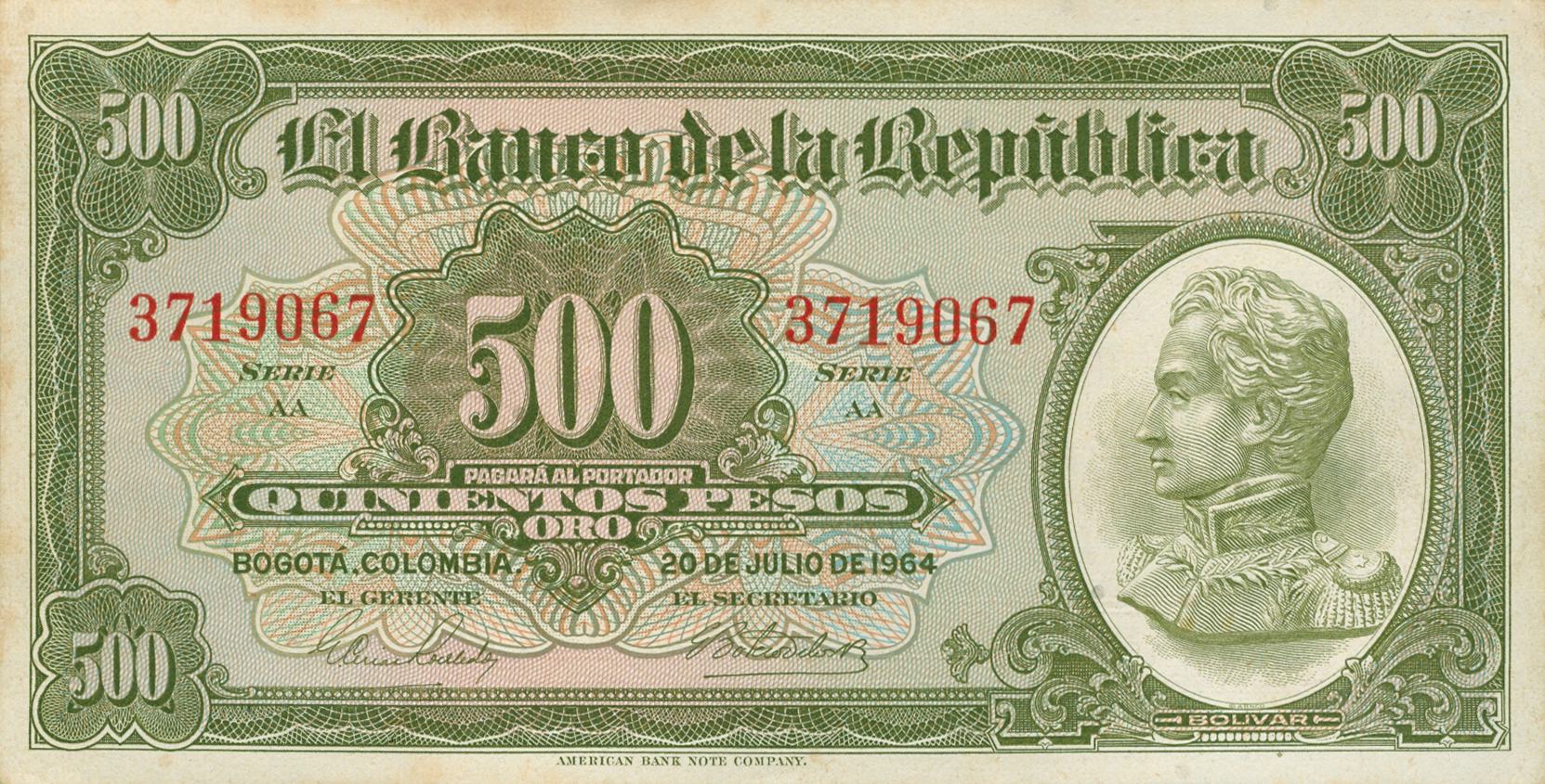  20 DE JULIO DE 1964 Sig 10: Robledo/Botero Series AA in green 6- or 7-digit s/n 