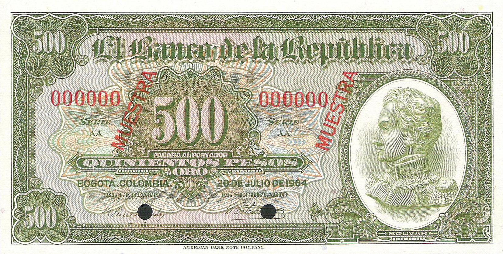  Two diagonal red MUESTRA ovpts front/back; all-zero s/n 