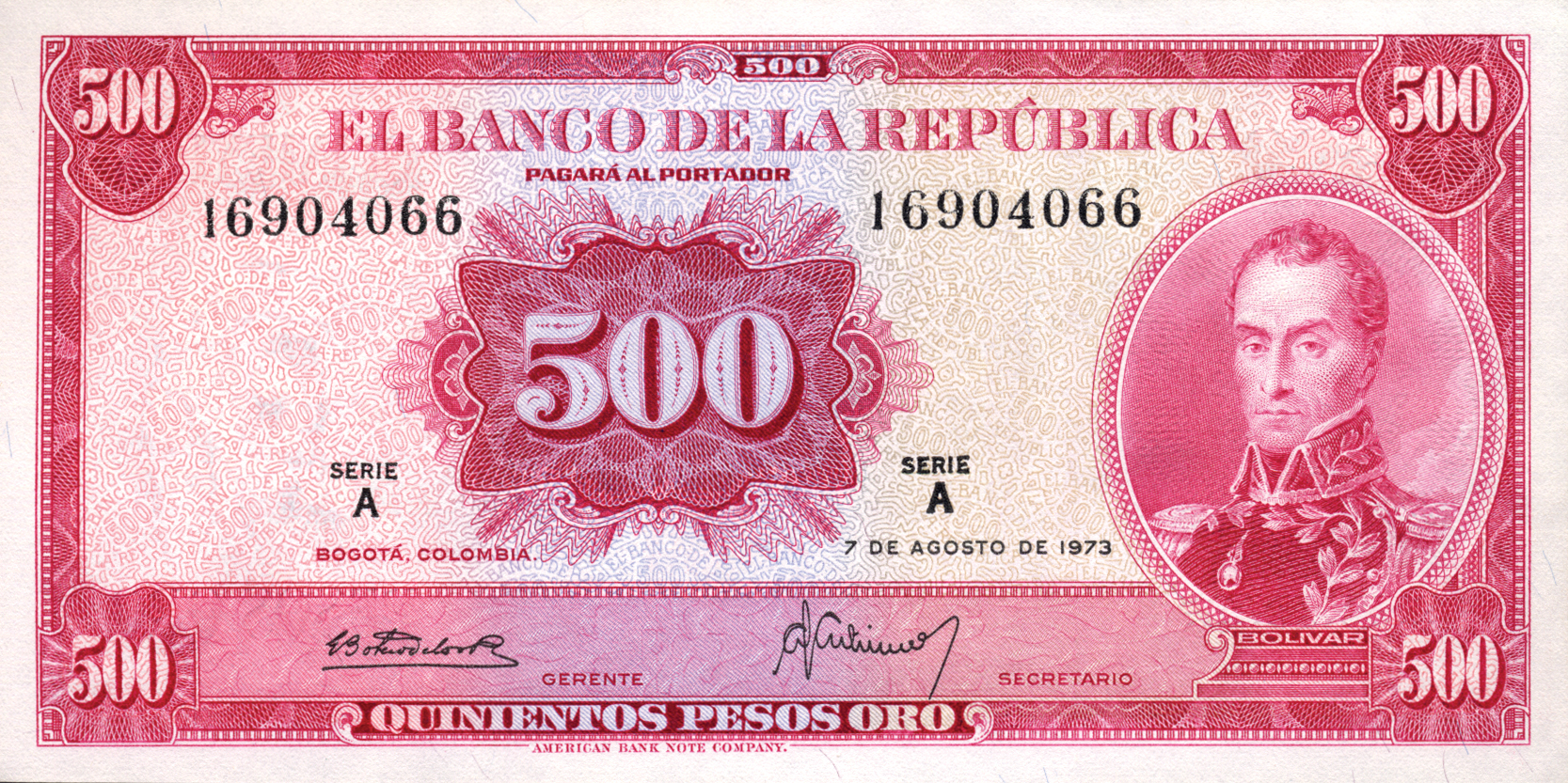  7 DE AGOSTO DE 1973 Sig 11: Botero/Gutiérrez Series A 8-digit s/n Intro: 01 12 1975 