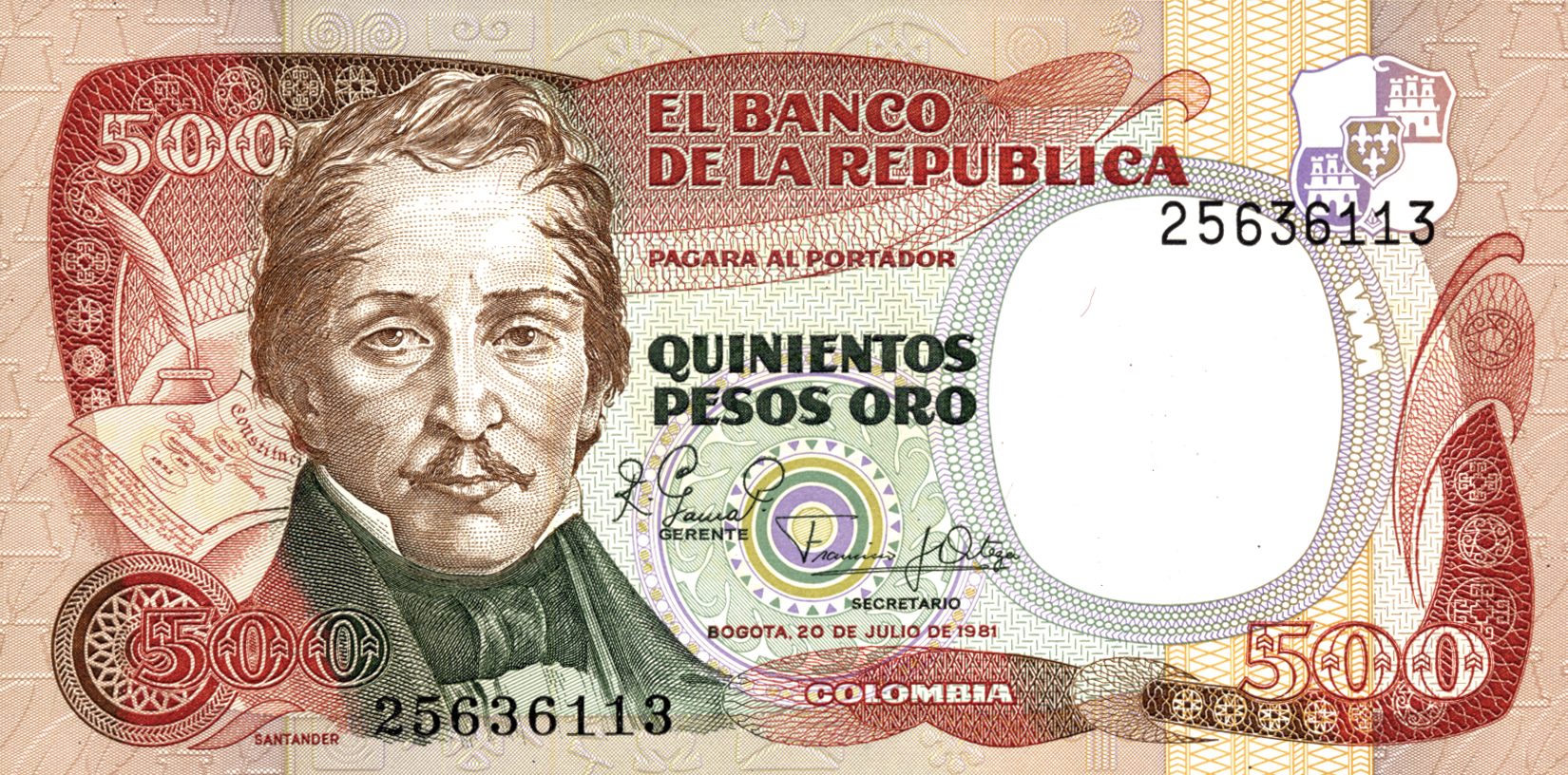  20 DE JULIO DE 1981 Sig 13: Gamma/Ortega Solid yellow security thread Printer: THOMAS DE LA RUE AND COMPANY LIMITED 8- or 9-digit s/n 