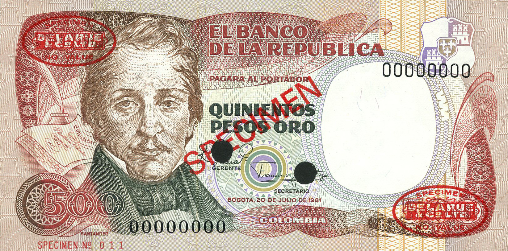  Diagonal red SPECIMEN and DLR oval ovpts; horizontal red SPECIMEN NO # ovpt lower left; all-zero s/n 