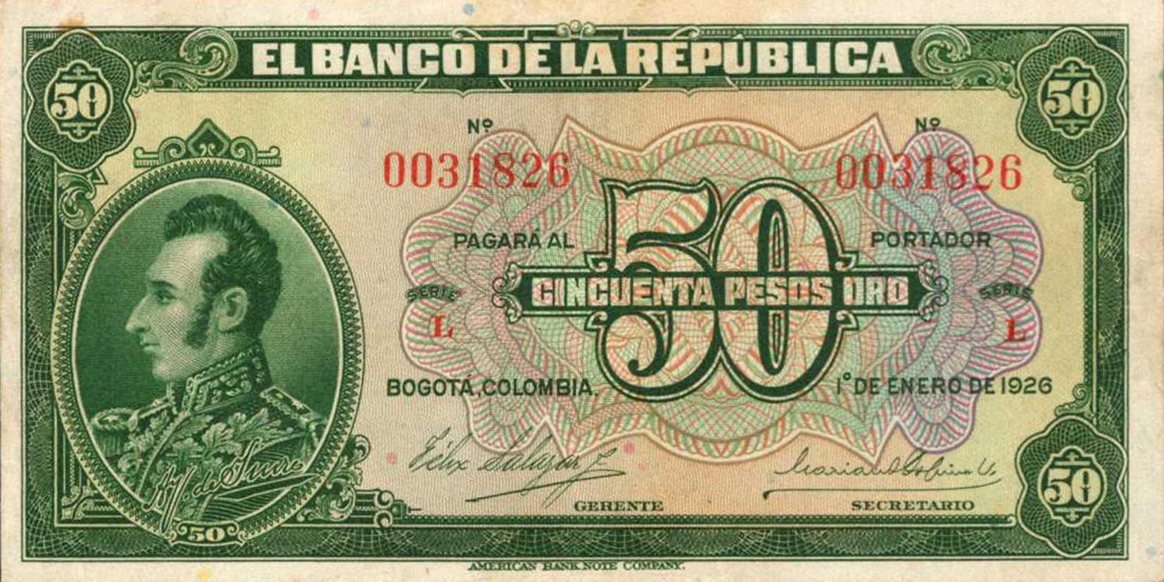  1o DE ENERO DE 1926 Sig 2: Salazar/Ospina/Posada Series L 7-digit s/n 