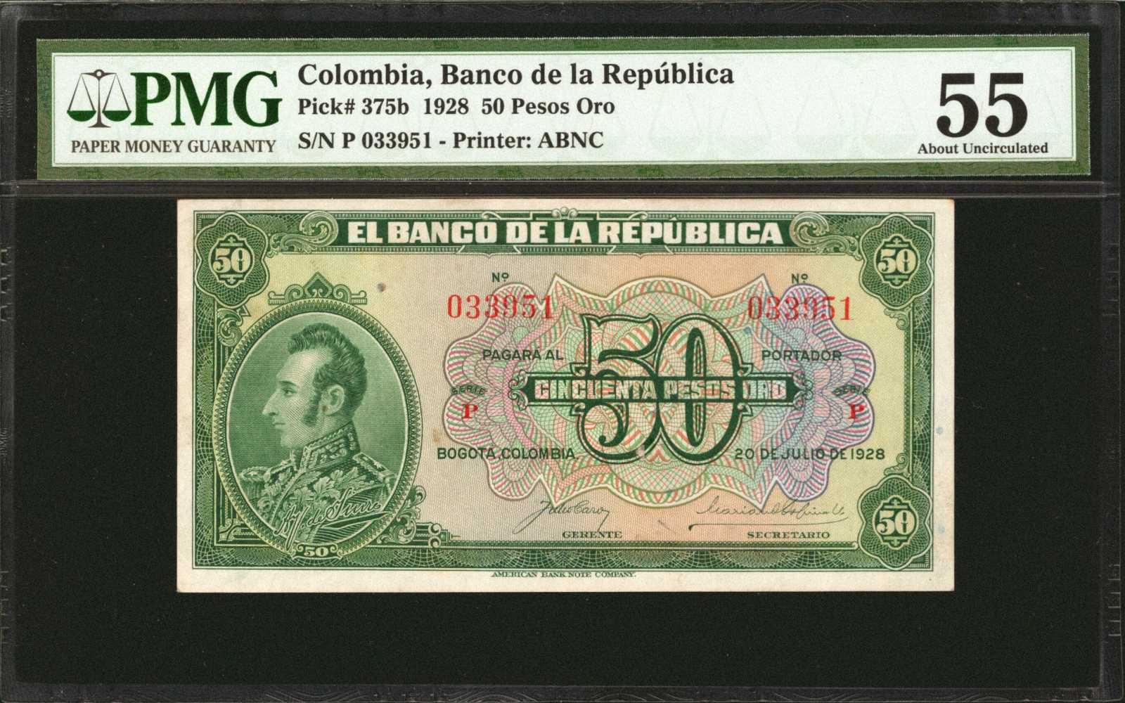  20 DE JULIO DE 1928 Sig 3a: Caro/Ospina/Posada Series P 6-digit s/n 