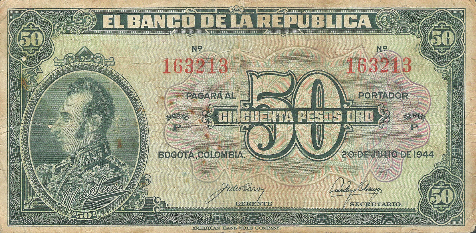  20 DE JULIO DE 1944 Sig 4: Caro/Arango Series P 6-digit s/n 