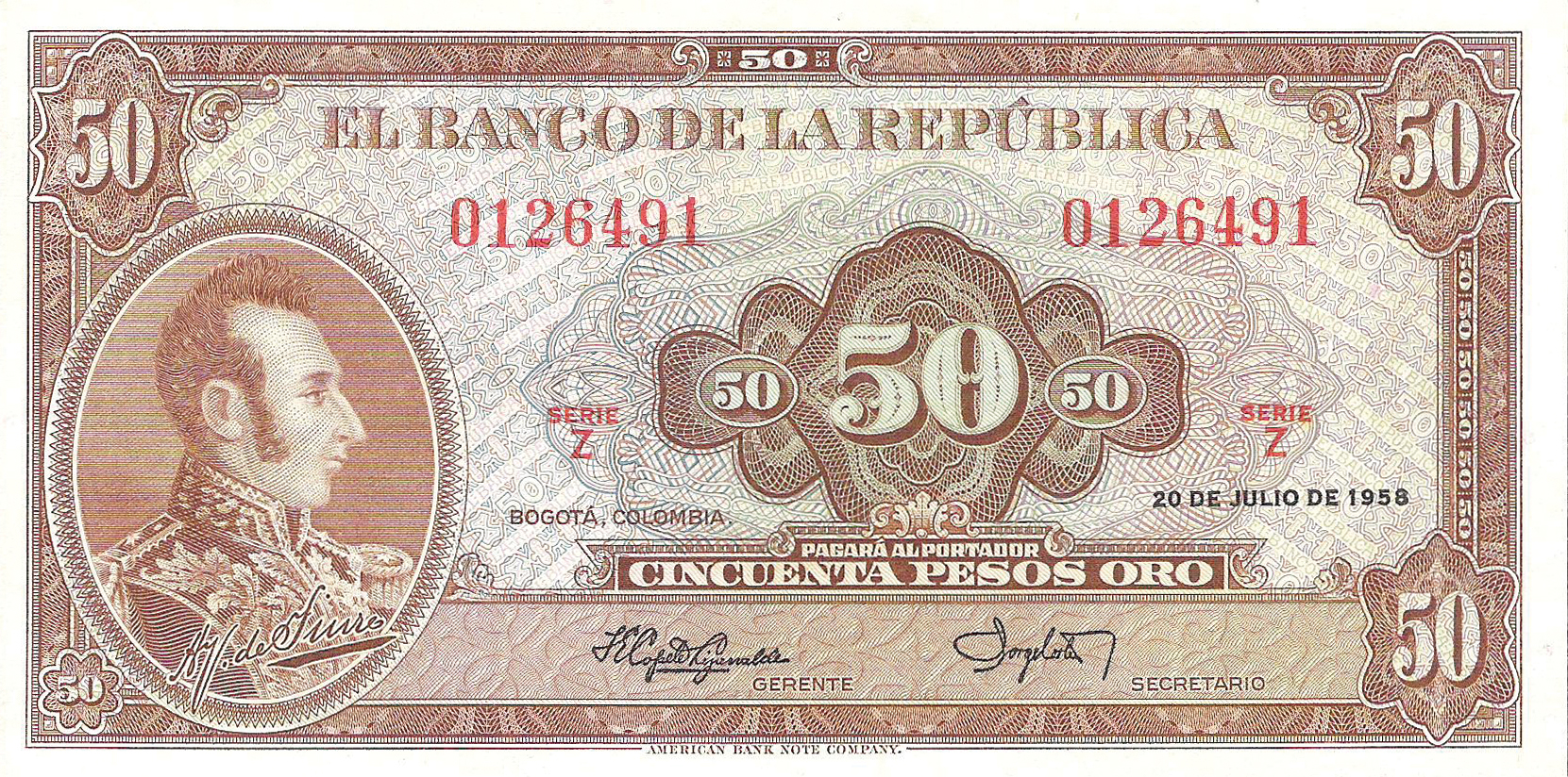  20 DE JULIO DE 1958 Sig 8: Copete/Cortés Series Z 7-digit s/n 
