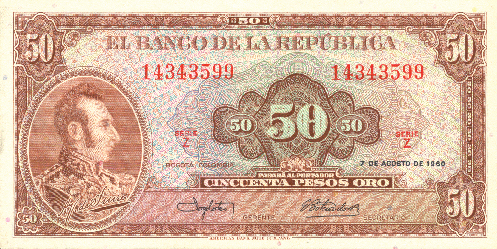  7 DE AGOSTO DE 1960 Sig 9: Cortés/Botero 8-digit s/n 