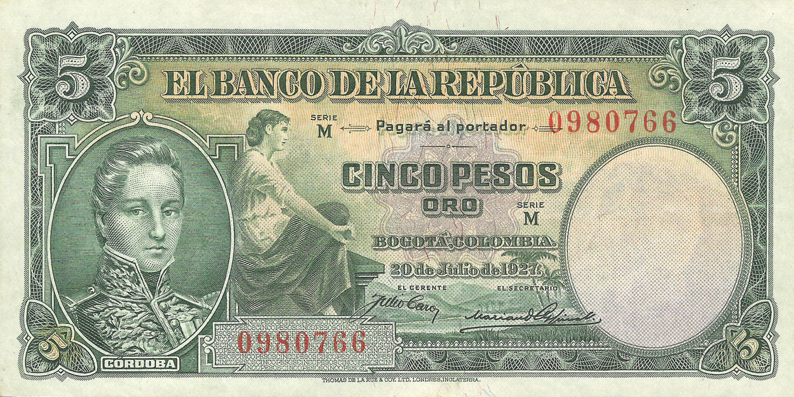  20 de Julio de 1927 Sig 3b: Caro/Ospina/Posada Series M 7-digit s/n 