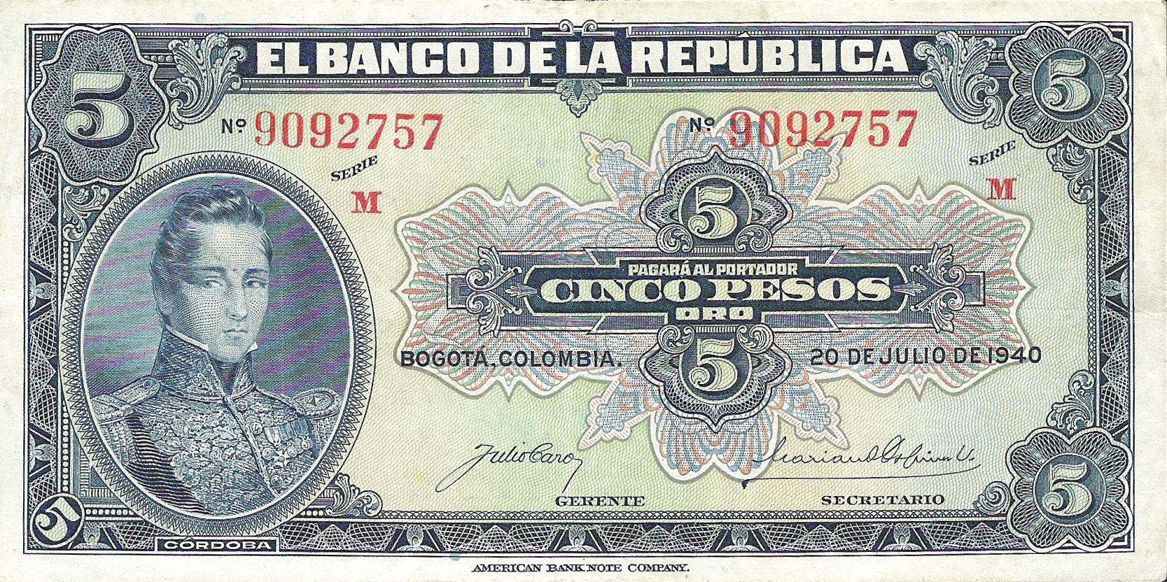  20 DE JULIO DE 1940 Sig 3c: Caro/Ospina Series M in red 7- or 8-digit s/n 