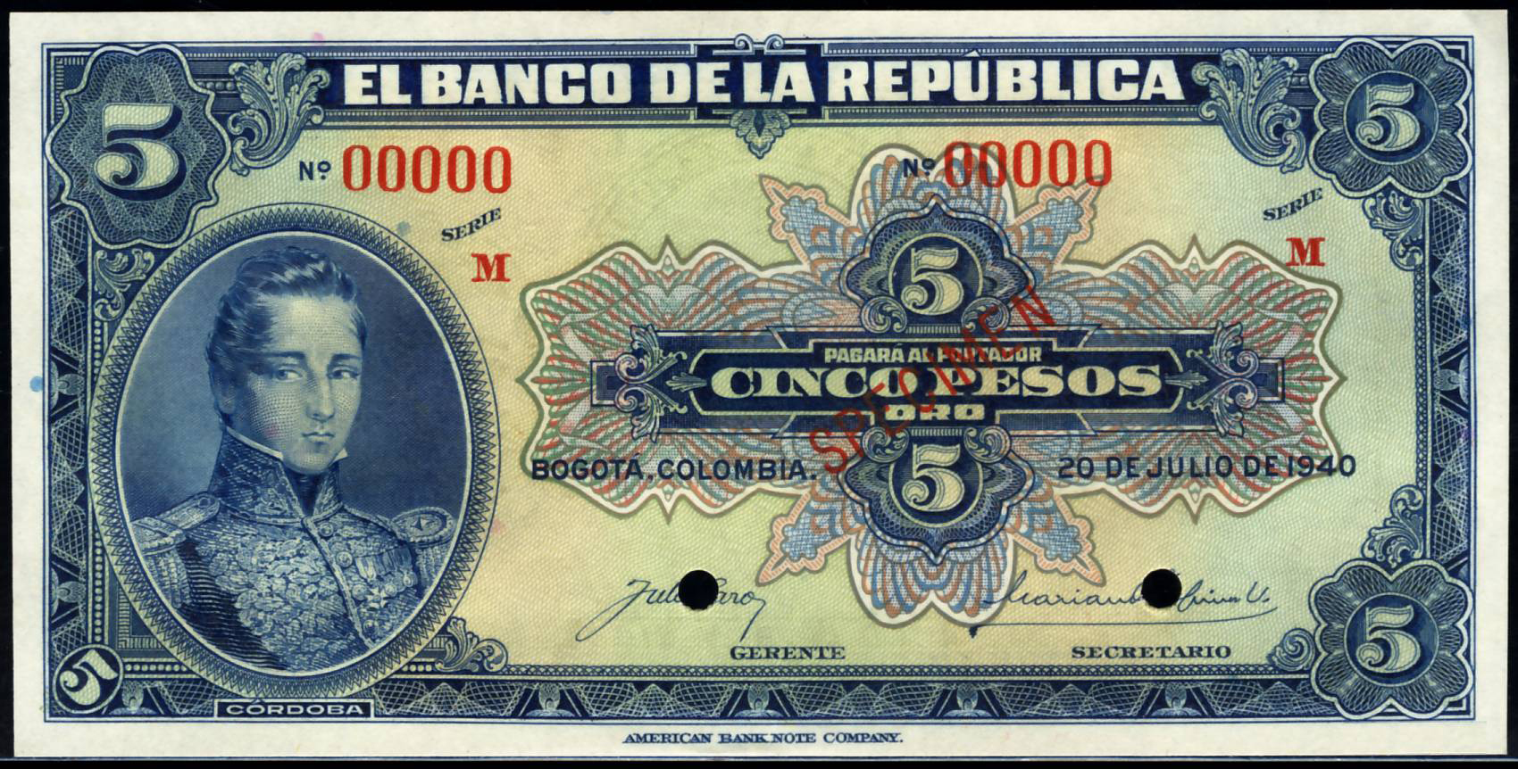  Diagonal red SPECIMEN ovpt front; all-zero s/n 