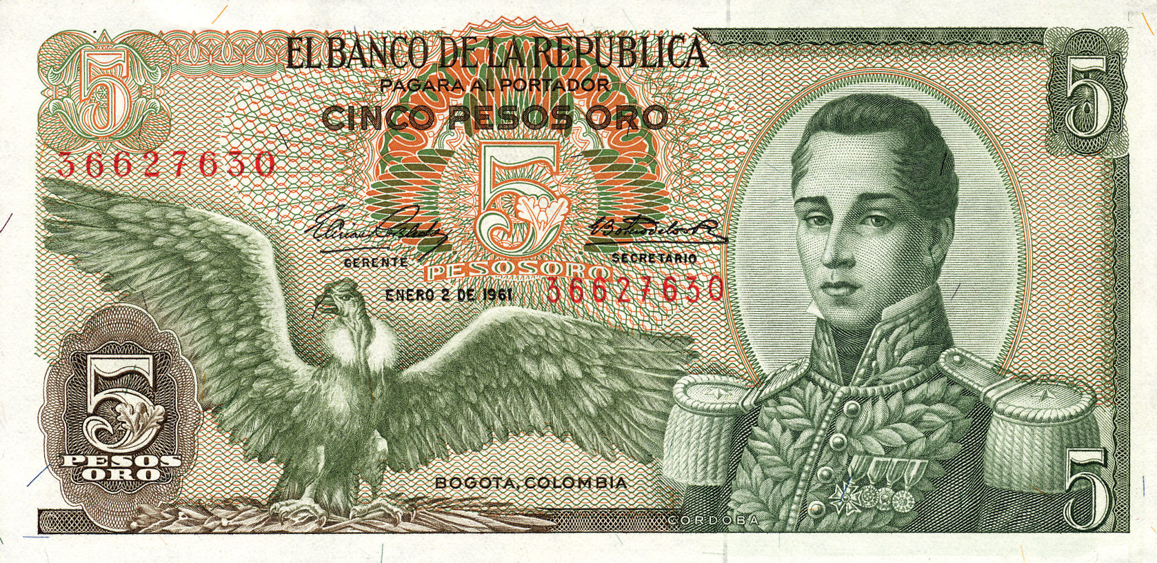  ENERO 2 DE 1961 Sig 10: Robledo/Botero Segmented security thread Printer: (American Bank Note Company) 8-digit s/n 