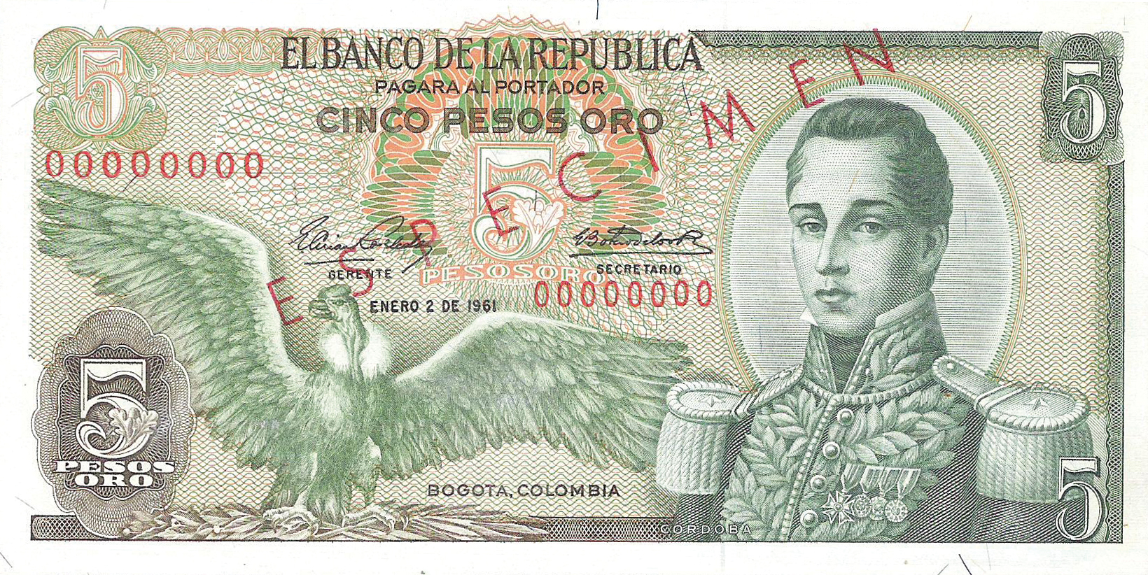  Diagonal red ESPECIMEN ovpt front/back; all-zero s/n 