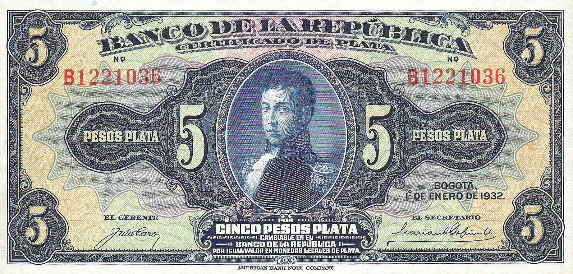  1° DE ENERO DE 1932 Sig 3c: Caro/Ospina Prefix B 7-digit s/n 
