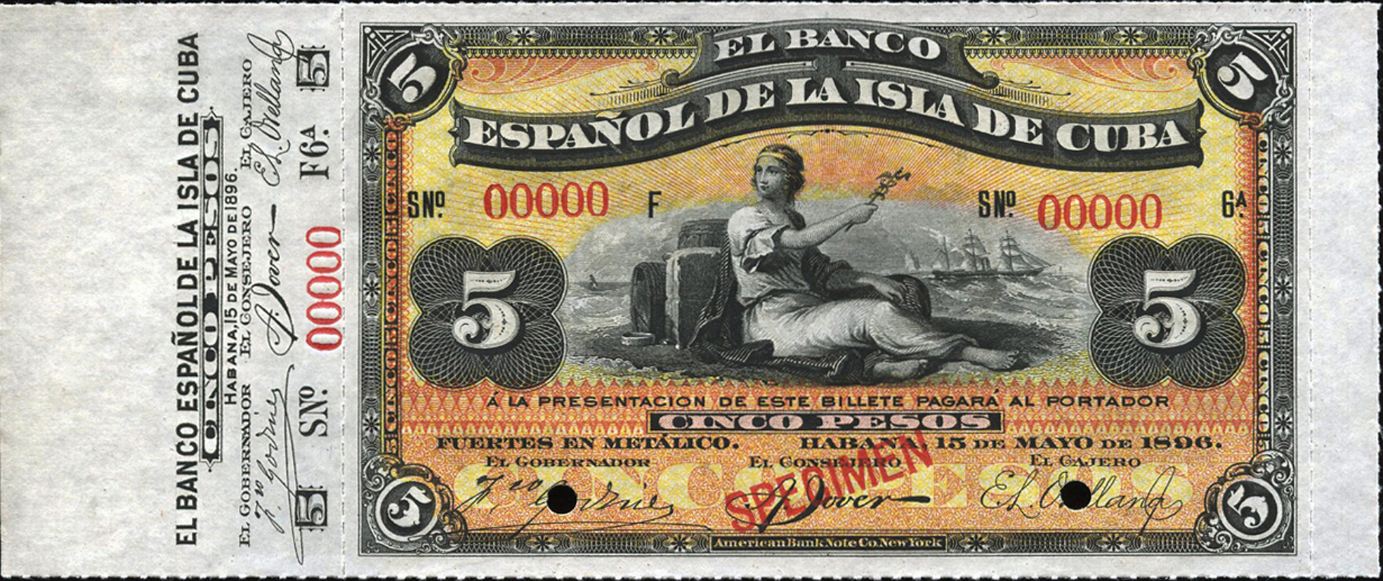  Diagonal red SPECIMEN ovpt front; all-zero s/n; counterfoil 