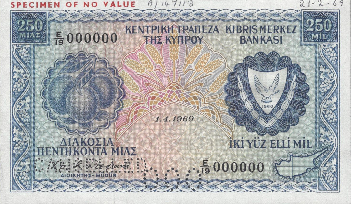  Horizontal red SPECIMEN OF NO VALUE ovpt upper left front; horizontal CANCELLED # perf; all-zero s/n 