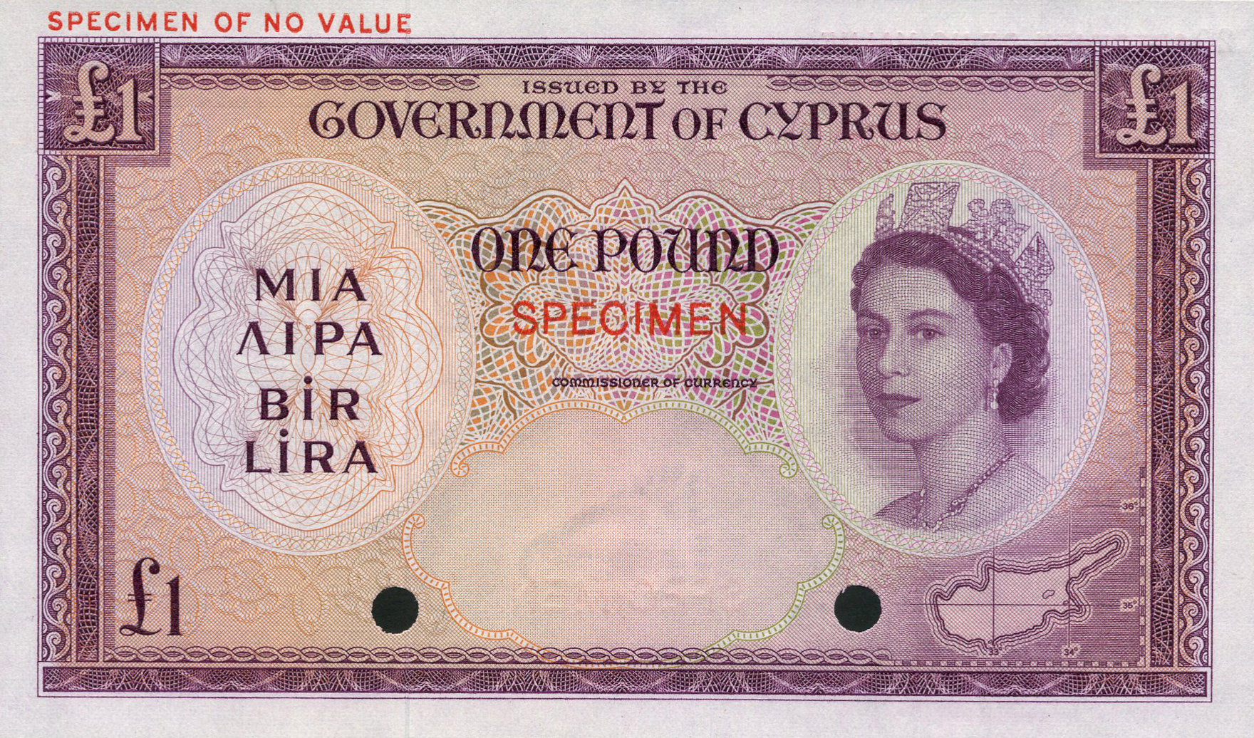  Purple; horizontal red SPECIMEN OF NO VALUE ovpt upper left front/back; horizontal red SPECIMEN ovpt front/back; no date; no sig ; no s/n 