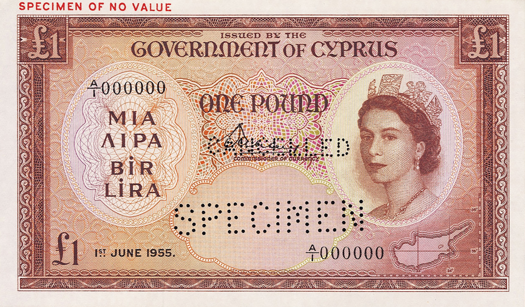  Horizontal red SPECIMEN OF NO VALUE ovpt upper left front/back; horizontal SPECIMEN perf; all-zero s/n 