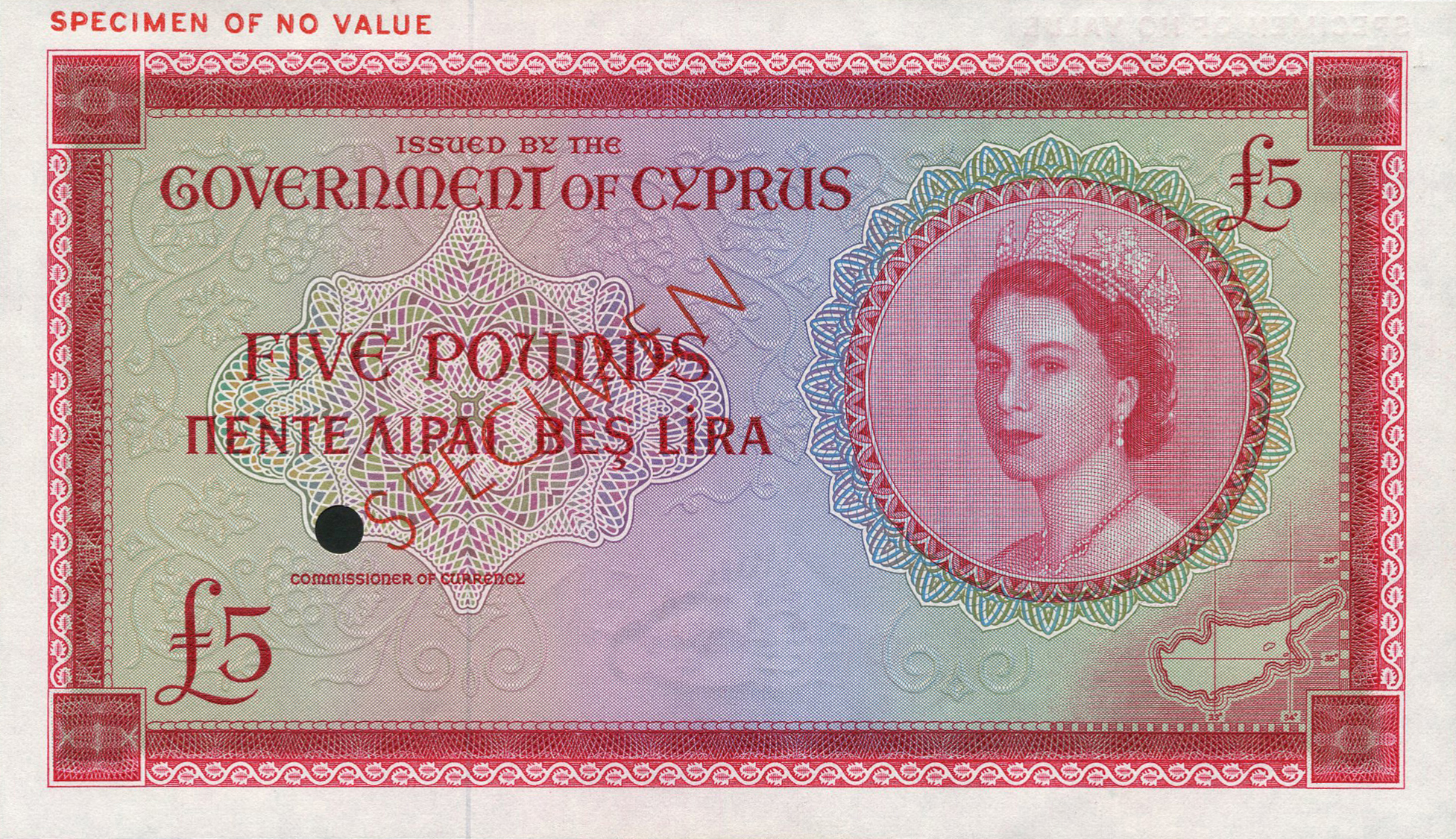  Red; horizontal red SPECIMEN OF NO VALUE ovpt upper left front/back; diagonal red SPECIMEN ovpt front/back; no date; no sig ; no s/n 