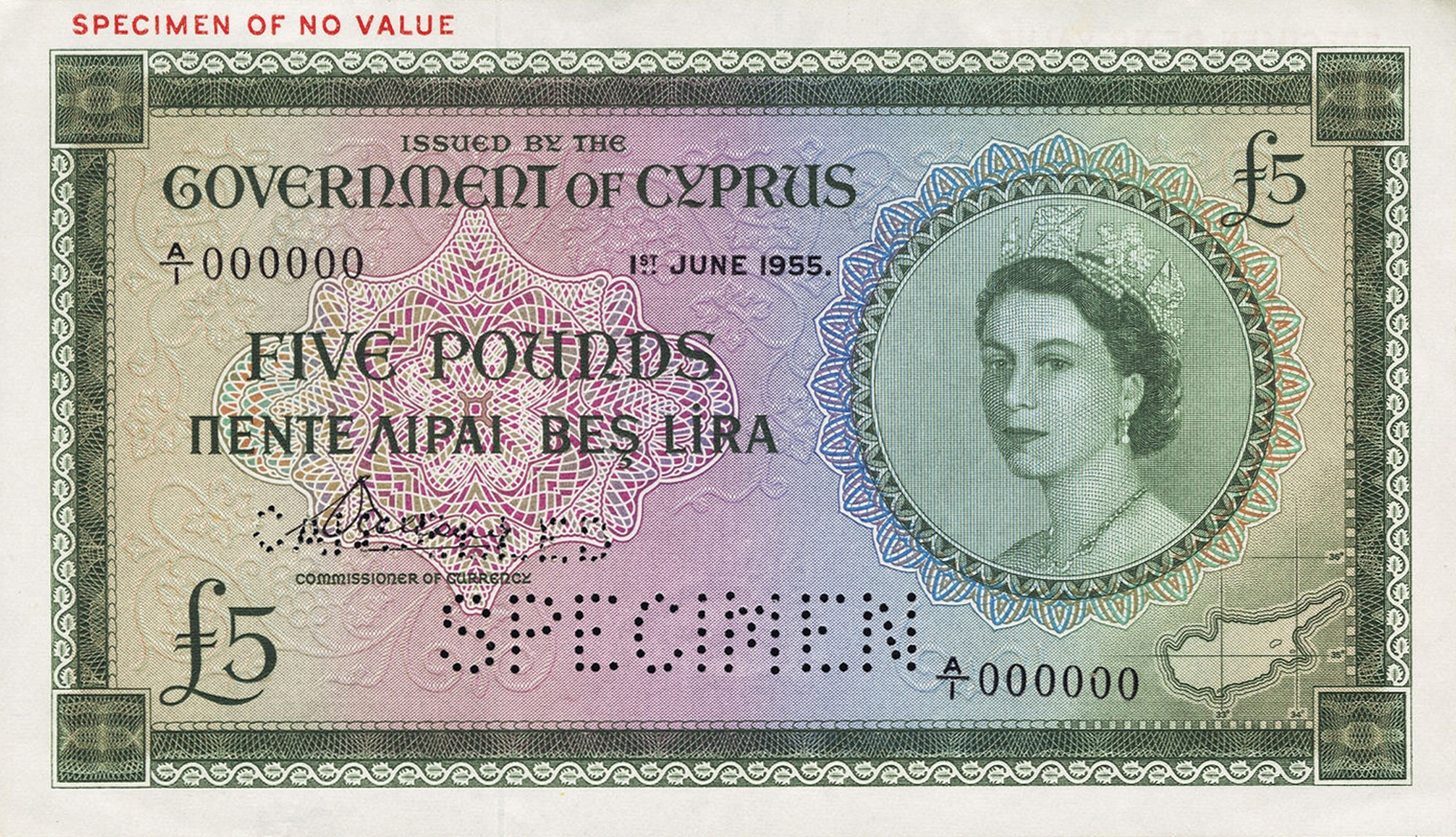  Horizontal red SPECIMEN OF NO VALUE ovpt front/back; horizontal SPECIMEN perf; all-zero s/n 