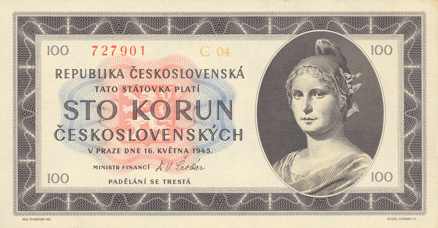  16 KVĚTNA 1945 Sig 7 Series A - D Printer: (Tiskárna bankovek Národní banky československé) Intro: 01 11 1945 