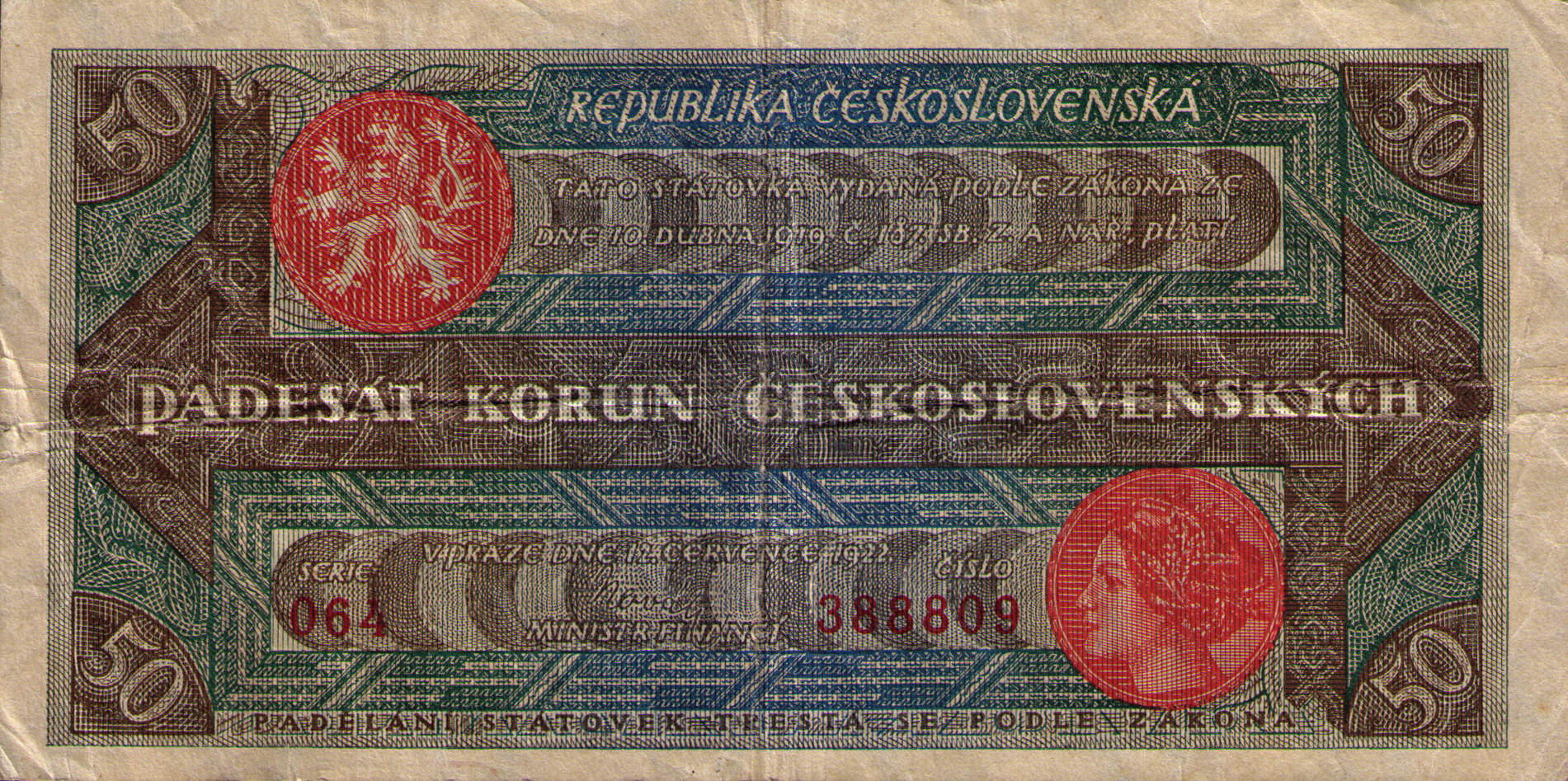  Series 049 - 072 Printer: (Tiskárna bankovek Národní banky československé) 