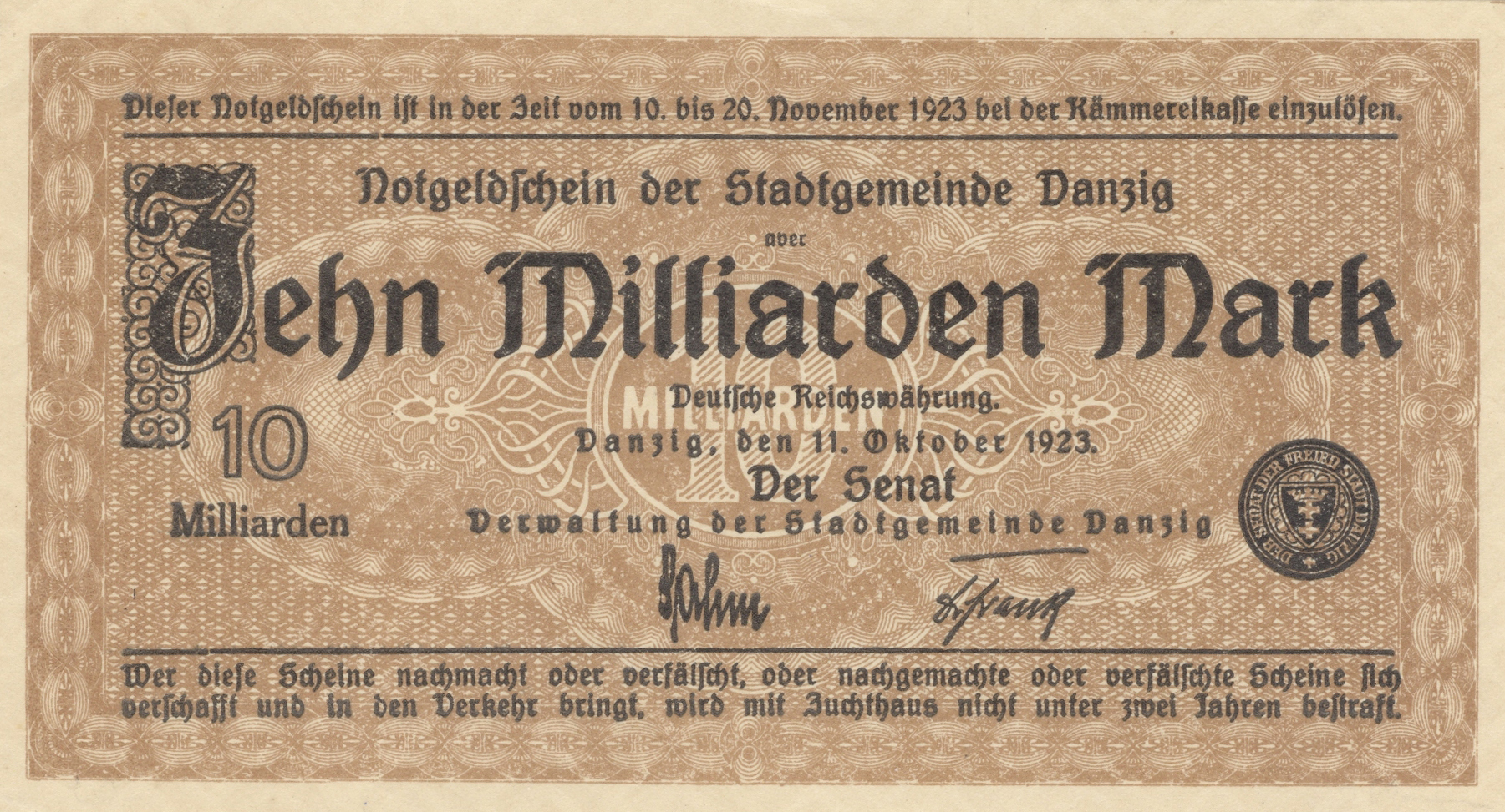  11 Oktober 1923 Sig 3: Sahm/Frank Wmk: Interlaced lines w/o s/n 