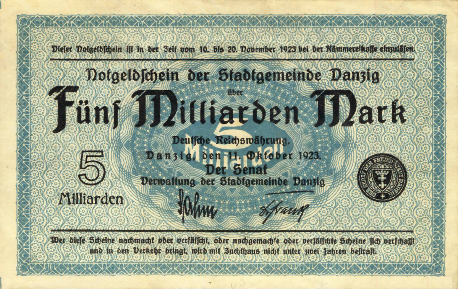  11 Oktober 1923 Sig 3: Sahm/Frank Wmk: Interlaced lines 