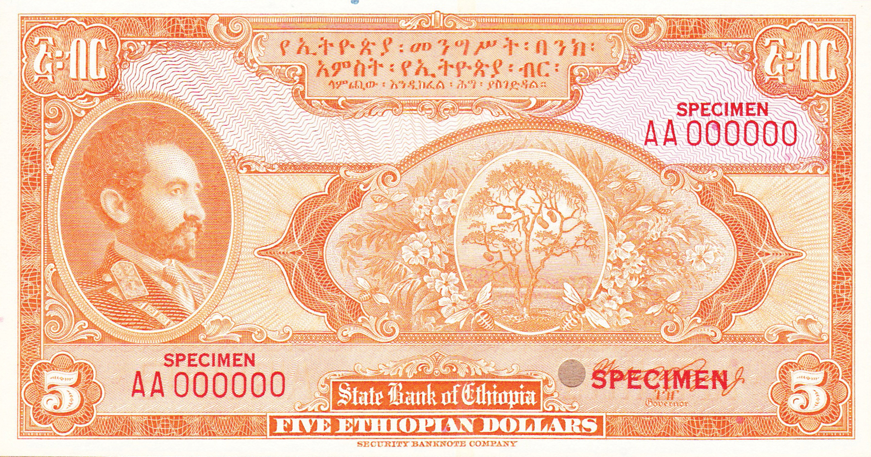  Gold; uniface front; three horizontal red SPECIMEN ovpts front; all-zero s/n 