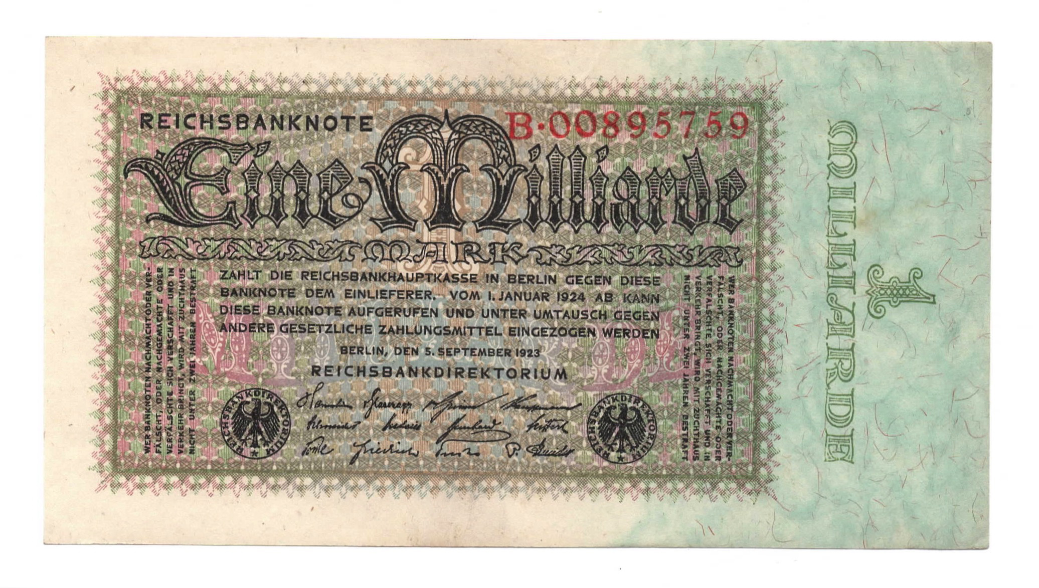  5 September 1923 Sig 13a Printer: (Reichsdruckerei) Prefix A - D 8-digit s/n Intro: 00 10 1923 