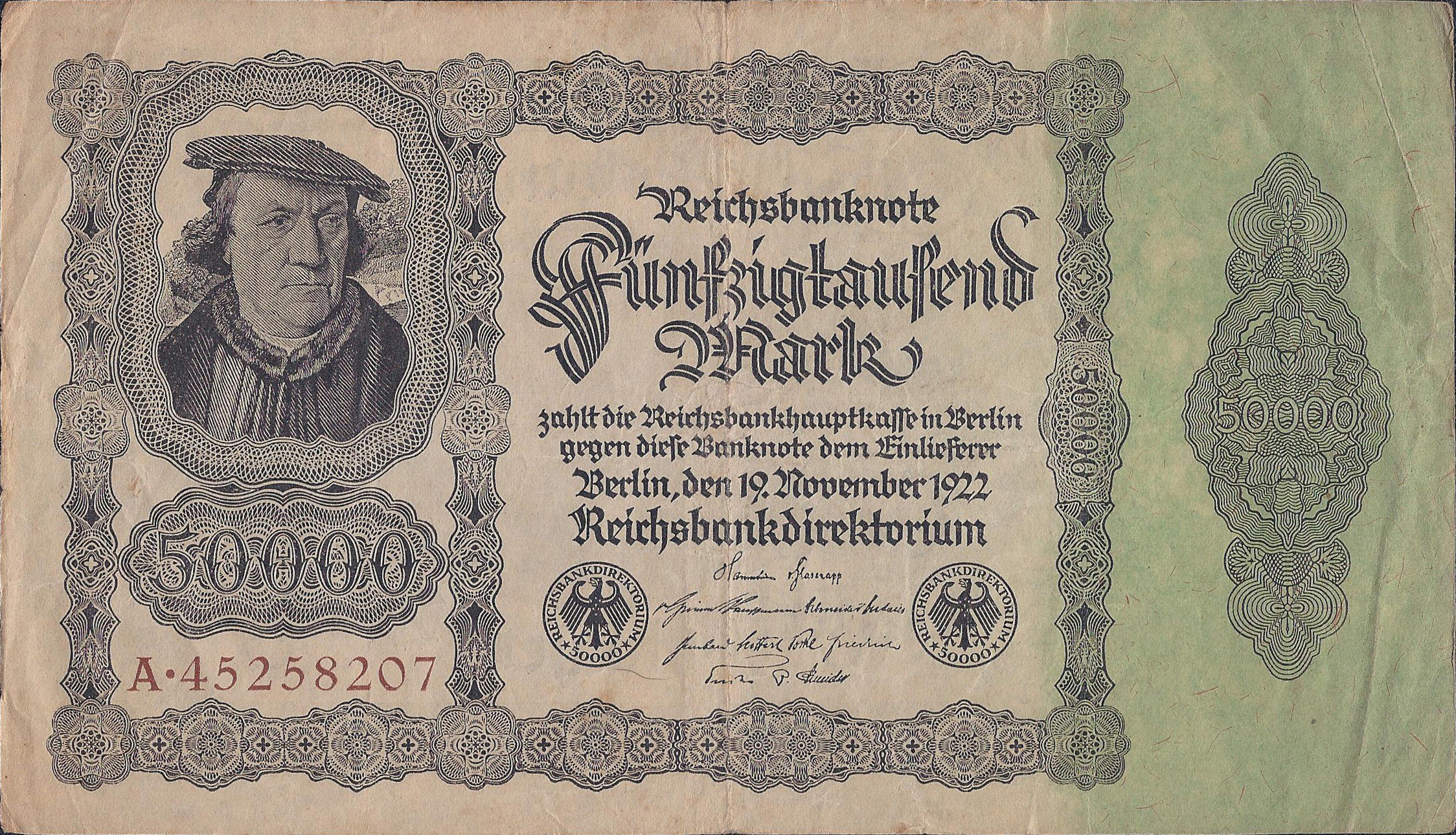  19 November 1922 Sig 13a Printer: (Reichsdruckerei) Brown 8-digit s/n Prefix: A, B, G, H Intro: 20 02 1923 