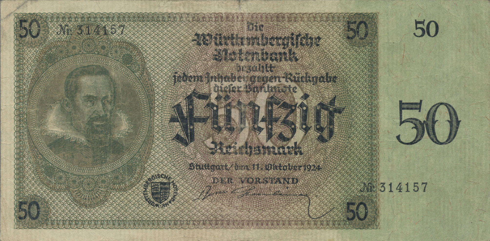 Württembergische Notenbank 50 reichsmark B823a,PS996 11