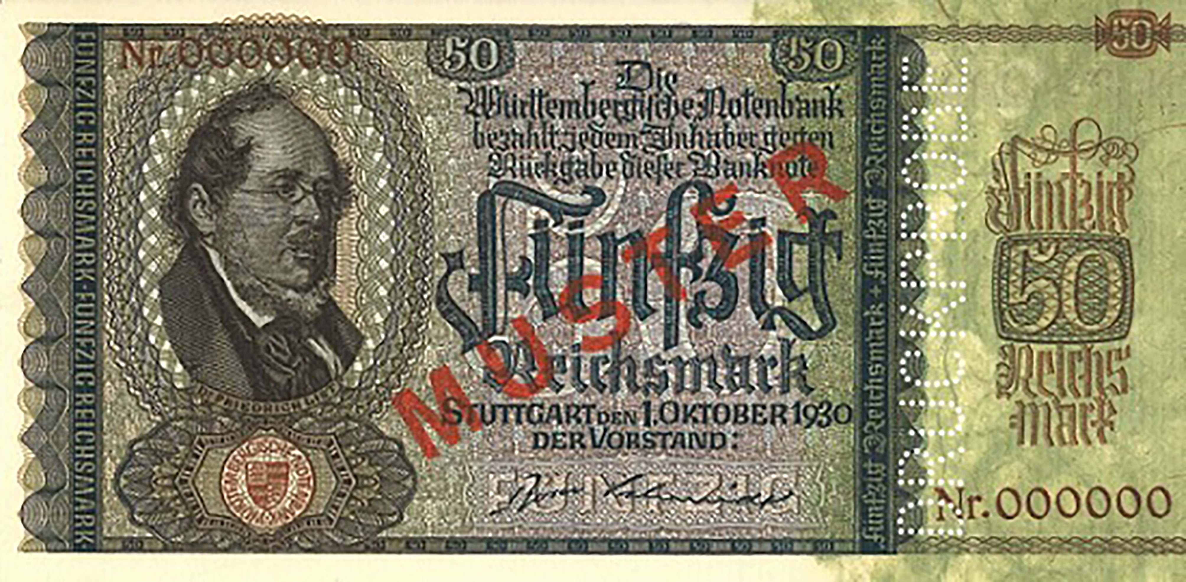  Diagonal red MUSTER ovpt front; vertical DRUCKPROBE perf; all-zero s/n 