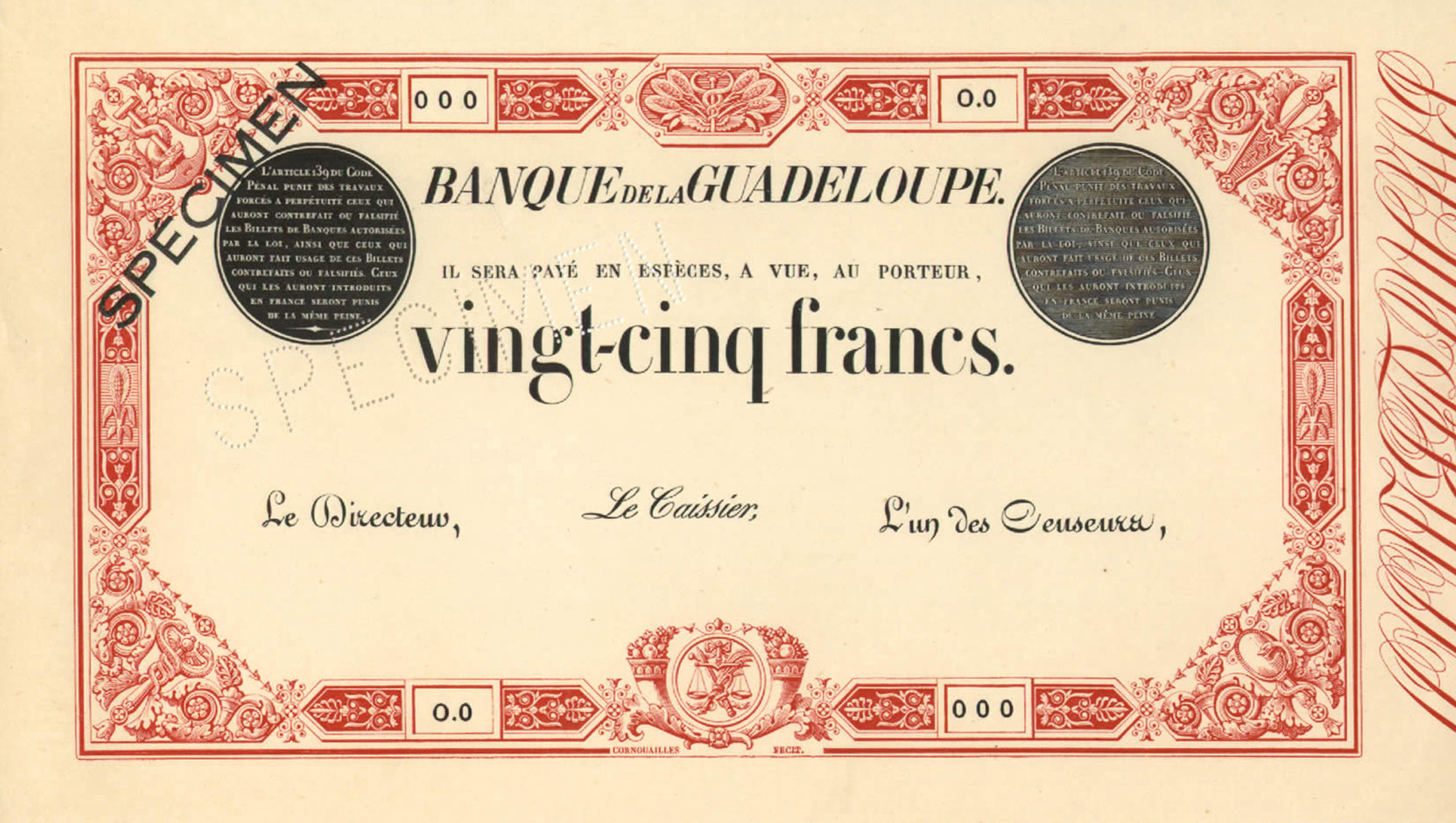  Diagonal black SPÉCIMEN ovpt front/back; diagonal SPECIMEN perf; no sig ; s/n O 0 000; separate uniface front/back; with counterfoil 