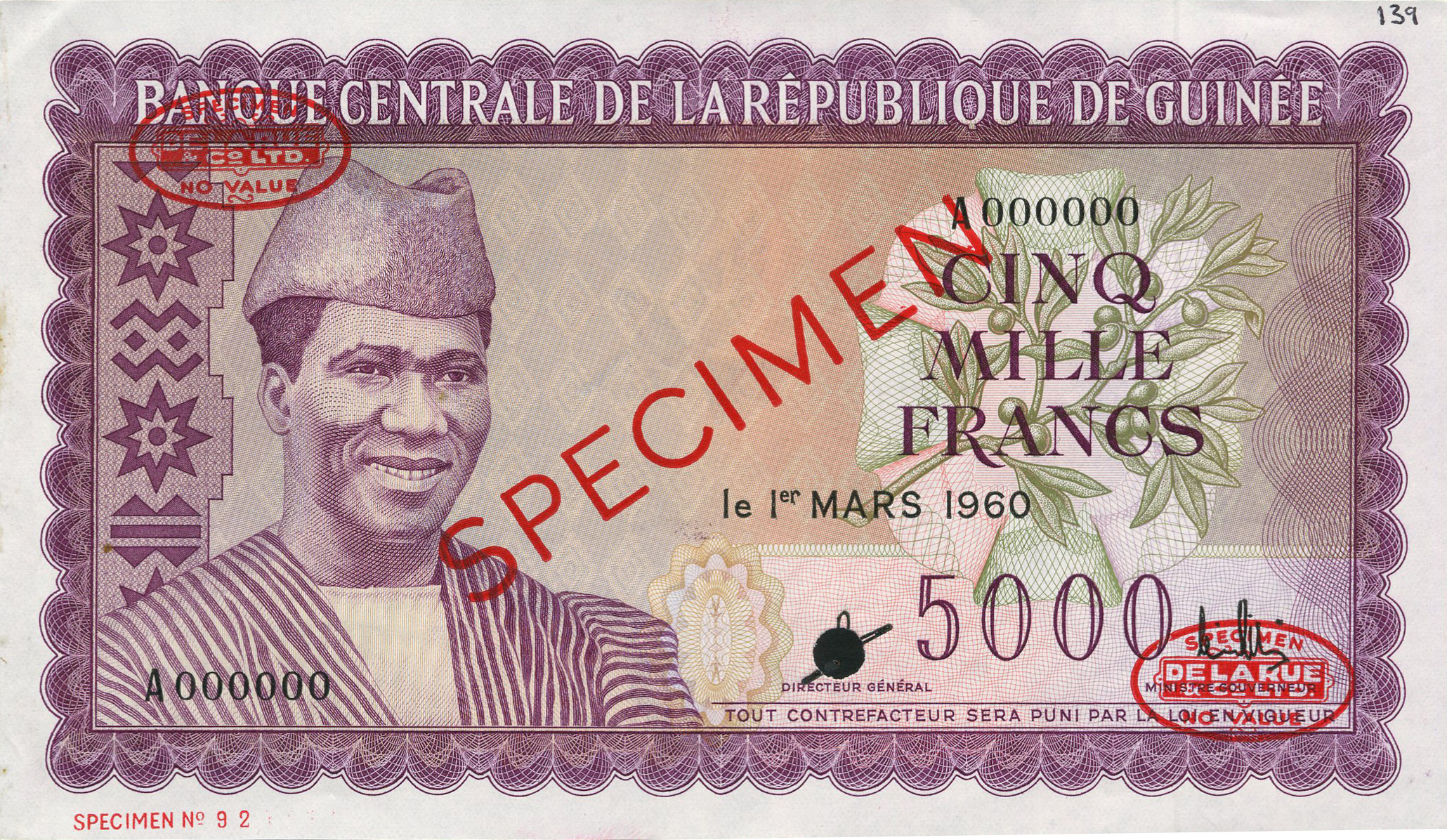  Diagonal red SPECIMEN and DLR oval ovpts front/back; horizontal red SPECIMEN No # ovpt lower left front; all-zero s/n 