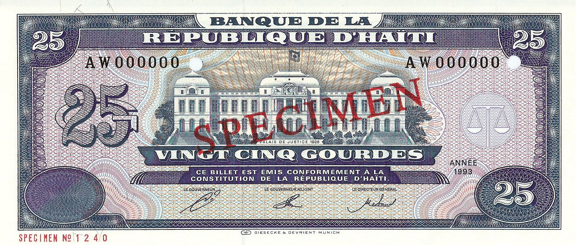  Diagonal red SPECIMEN ovpt front/back; horizontal red SPECIMEN No # ovpt lower left; all-zero s/n 