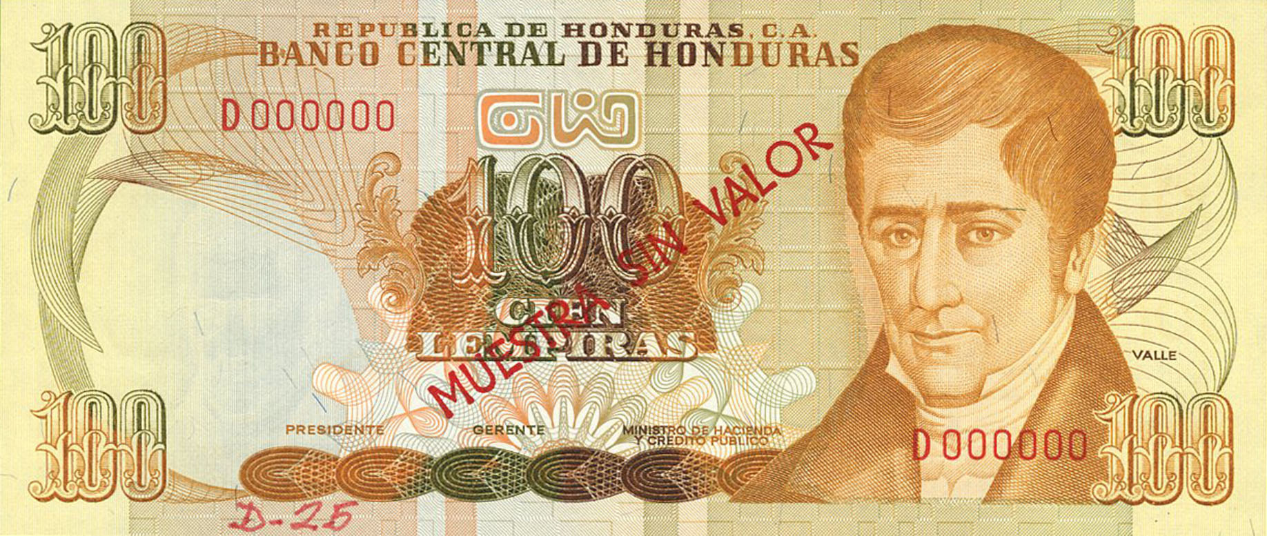  Diagonal red MUESTRA SIN VALOR ovpt front; no date; no sig ; all-zero s/n 