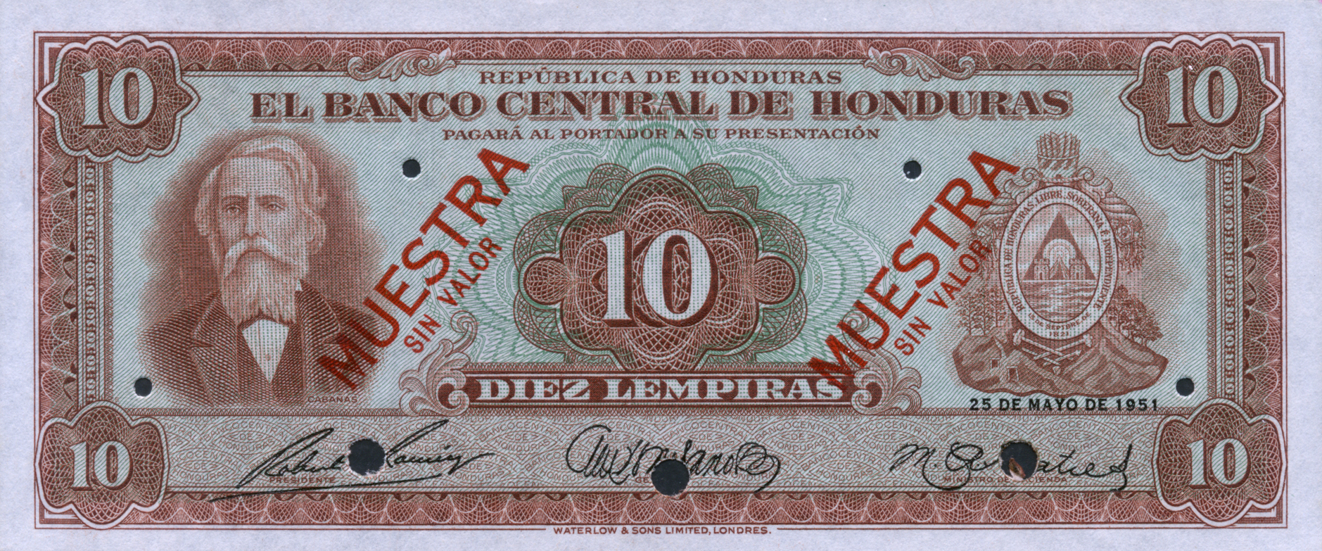  Two diagonal red MUESTRA / SIN VALOR ovpts front; no s/n 