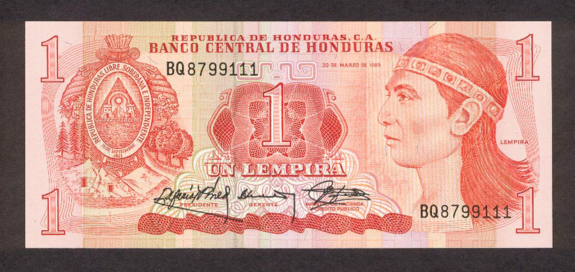  30 DE MARZO DE 1989 Sig 18: Carias/Pineda/Giron Solid security thread with printed BANTRAL Prefix BP - BR 