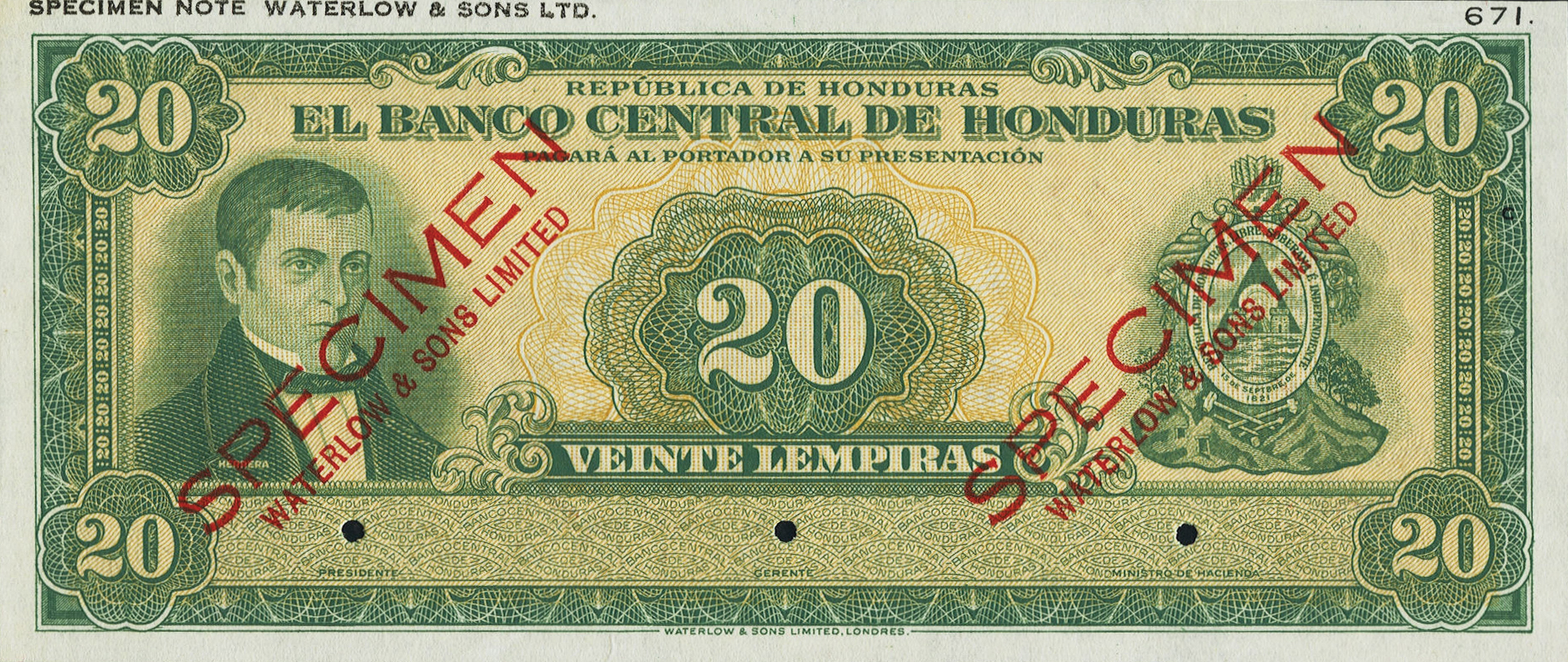  Green; two diagonal red SPECIMEN / WATERLOW & SONS LTD ovpts front/back; horizontal black SPECIMEN NOTE, WATERLOW & SONS LTD upper left front; no sig ; no date; no s/n 