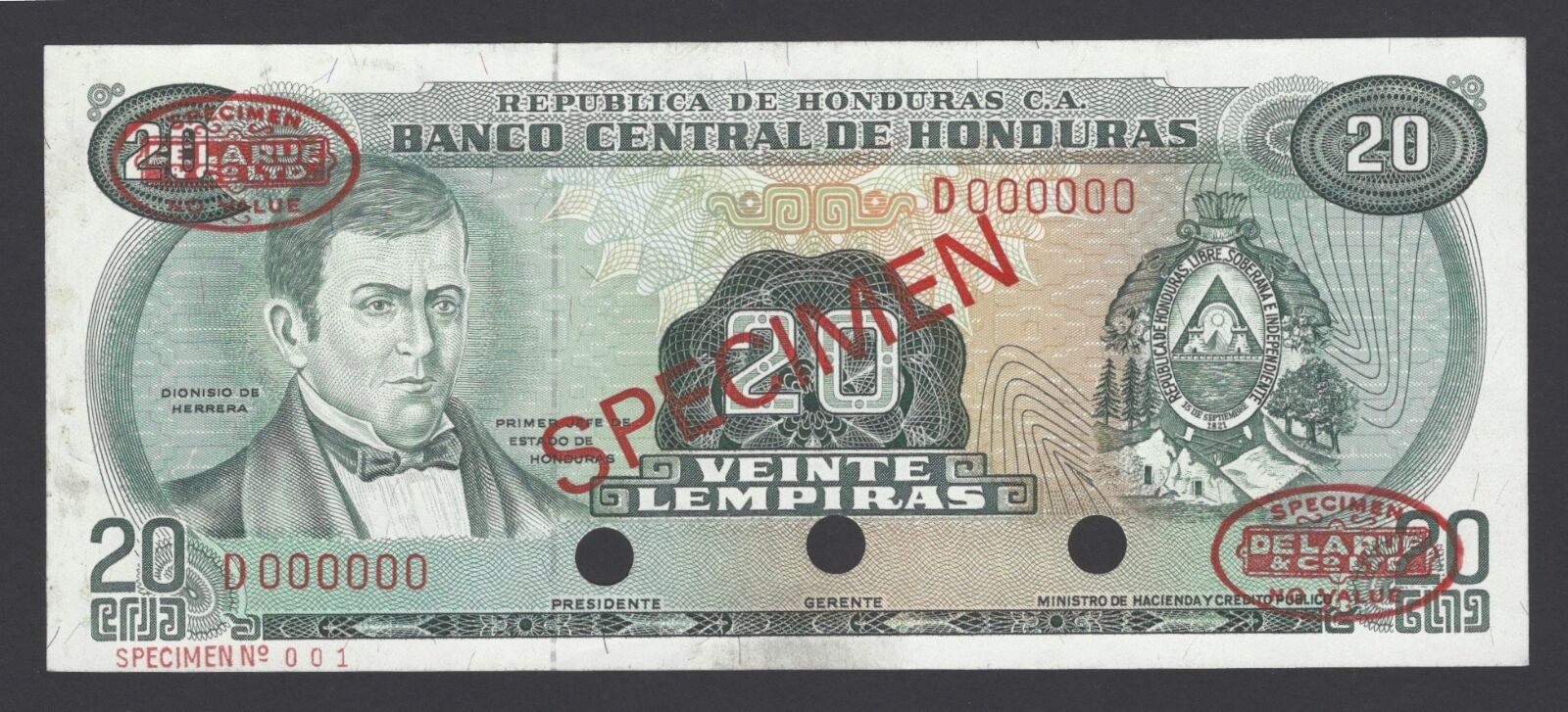  Diagonal red SPECIMEN and DLR oval ovpts; no date; no sig ; all-zero s/n 